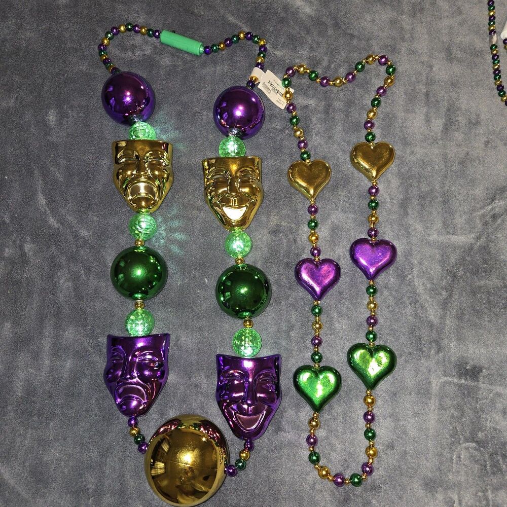 Set of 2 Light Up Mardi Gras Beads Purple Green Gold Mask Hearts New Orleans